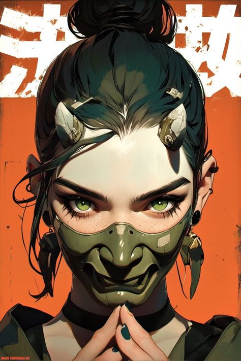 ArtStation - Anime Spectrum 73, Ash Hellbender Neotraditional Oni Mask, Samurai Tattoo Design, Alphonse Mucha Art, Japanese Pop Art, Mask Drawing, Japanese Dragon Tattoos, Ninja Girl, Samurai Artwork, Oni Mask