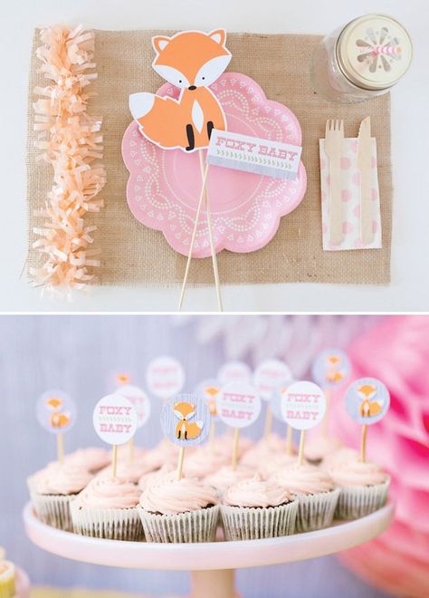 Fox Themed Baby Shower {Woodland + Pink + Orange} Fox Themed Baby Shower, Woodland Baby Shower Theme Decorations, Woodland Baby Shower Theme Boy, Woodland Baby Shower Food, Baby Shower Cupcakes For Girls, Woodland Baby Shower Decorations, Fox Baby Shower, Baby Shower Deco, Girl Cupcakes