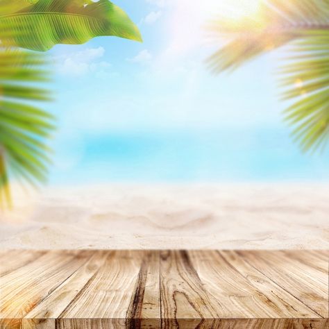 Summer Beach With Wood Table And Palms Picnic Background Aesthetic, Background Images For Design, Picnic Background, Palm Background, Sea Background, Table Background, Beach Table, Background Summer, Water Background