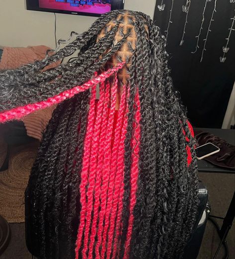 Braid Hairstyles For Black Women Twist, Passion Twists With Pink Peekaboo, Invisible Locs With Curls Long, Passion Twist With Peekaboo, Passion Twists With Color In The Back, Pink And Black Invisible Locs, Peekaboo Boho Passion Twist, Blue And Black Passion Twist, Braids For Highschool