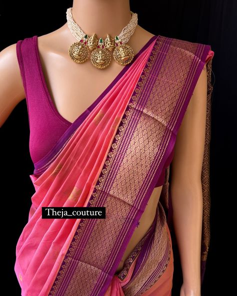 Peach Kora cotton saree with contrast magenta border and pallu. Comes with magenta blouse 80cm. Wash care: Normal wash. Beautiful Jewellery from: @sruthis_jewellery Find this saree in website: www.thejacouture.in > Kora cotton saree> peach Kora cotton saree. #peachkoracottonsaree #cottonsaree #koracotton #saree #sareelove #traditionalsaree #jewellerymatching #jewellery