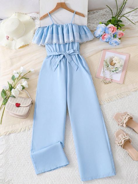 Blue Cute Collar Sleeveless Polyester Plain Shirt Embellished Non-Stretch  Teen Girls Clothing Cheap Outfits, Cute Cheap Outfits, Beautiful Jumpsuits, Cami Jumpsuit, Jumpsuit For Kids, Blue Cute, Plain Shirt, Lace Patchwork