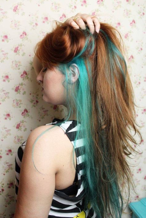 Ginger Hair With Blue Underneath, Ginger Hair With Blue Streaks, Peekaboo Hair Color Ginger, Ginger And Teal Hair, Ginger Hair With Blue Highlights, Copper And Teal Hair, Blue And Ginger Hair, Ginger And Blue Hair, Ginger And Green Hair