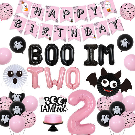 Pink and Black Halloween 2nd Birthday Decorations Girl, Boo I'm Two Balloon with Cake Topper, Happy Birthday Banner, Number 2, Bat Ghost Paper Fans for Halloween Theme Birthday Party #ad #halloween #halloweenbirthday #halloweenbirthdayparty #halloweenbirthdaypartyideas #booimtwo #Booim2 #2ndbirthday #2ndbirthdaypartyideas #ourlittlebooisturningtwo Halloween Theme Birthday, Chic Halloween Decor, Chic Halloween, Girl Birthday Decorations, Black Balloons, Girl Birthday Themes, Birthday Halloween Party, Halloween Birthday, Foil Balloons