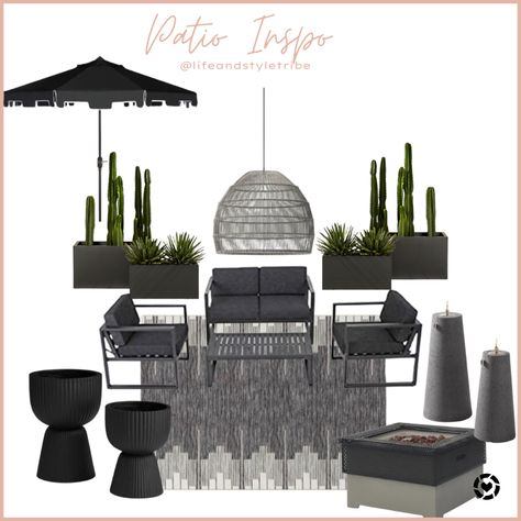 Black And Grey Outdoor Furniture, Gray And White Patio Decor, Black And Gray Patio Decor, Modern Deck Decorating Ideas, All Black Patio Furniture, Patio Decor Black And White, Modern Black Patio Furniture, Outdoor Rug With Black Patio Furniture, Small Pool Decor Ideas