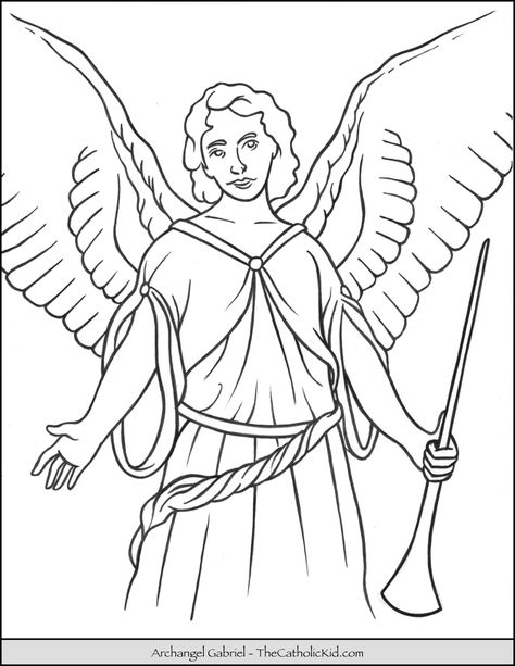 Archangel Gabriel Coloring Page Feastday: September 29 Patron of messengers, telecommunication workers, postal workers Angel Drawing Easy, Angel Y Diablo, Angel Coloring Pages, Saint Gabriel, Angel Gabriel, Angel Drawing, Archangel Gabriel, Angel Images, Drawing Tutorials For Kids