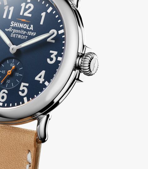 Runwell 41mm|Midnight Blue Dial|Natural Leather Strap | Shinola® Detroit Shinola Watch, Shinola Detroit, Blue Face, Leather Strap Watch, Top Rings, Leather Watch Bands, Blue Band, Automatic Watch, Leather Band