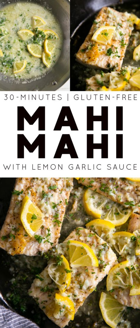 Easy Mahi Mahi Recipe with Lemon Garlic Sauce. A simple and wildly delicious way to prepare and serve this tender, flakey, and popular white fish. Baked Mahi Mahi, Mahi Mahi Recipe, Mahi Mahi Recipes, Recipe With Lemon, Homemade Garlic Butter, Buttery Mashed Potatoes, Lemon Garlic Sauce, Meat Eater, Summer Foods