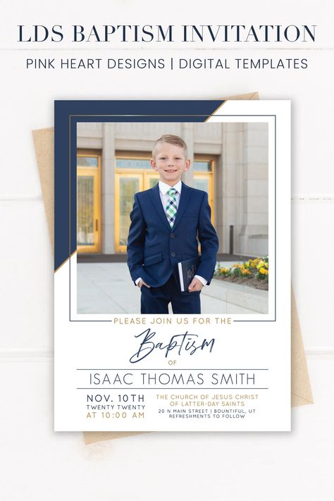 Introducing our top-selling LDS baptism invitation, perfect for announcing your son's special day to loved ones! This personalized invitation template allows you to easily add your son's baptism pictures and all the important event details, such as date, time, and location. With an elegant design that highlights the significance of the occasion, this invitation will surely become a treasured keepsake for your family and friends. Lds Baptism Ideas, Baptism Pictures Lds, Lds Baptism Decorations, Lds Boys Baptism Ideas, Baptism Invitations For Boys, Boy Baptism Invitations, Baptismal Invitation For Boys, Baptismal Invitation Free Printable For Boy, Baptism Talk