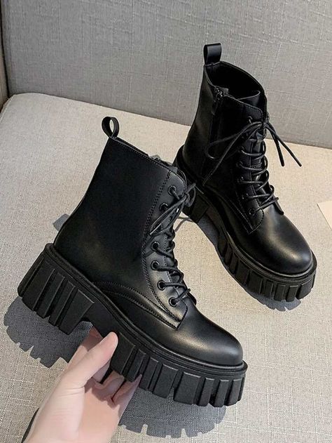 [goods_name] | SHEIN Brasil Punk Motorcycle, Chunky Ankle Boots, Mid Heel Boots, Black Leather Oxfords, Trendy Boots, Womens Combat Boots, Grunge Look, Shoes Boots Ankle, Boots Winter