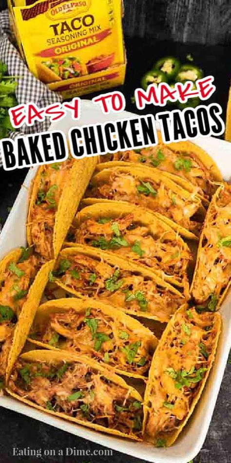 These Baked Chicken Tacos are easy to make with Old El Paso products including their taco seasoning. Everyone loves this Oven Baked Chicken Tacos Recipe! These Easy Oven Baked Chicken Tacos is the best ever healthy taco recipes. These Baked Crispy Chicken Tacos are perfect for a week day dinner or to feed a crowd at a party! #eatingonadime #tacorecipes #chickentacos #bakedtacos #mexicanrecipes Baked Chicken Tacos Recipe, White Cheese Dip Recipe, Easy Chicken Taco, Oven Baked Tacos, Dizzy Cook, Baked Tacos, Spicy Chicken Tacos, Healthy Taco Recipes, Taco Side Dishes