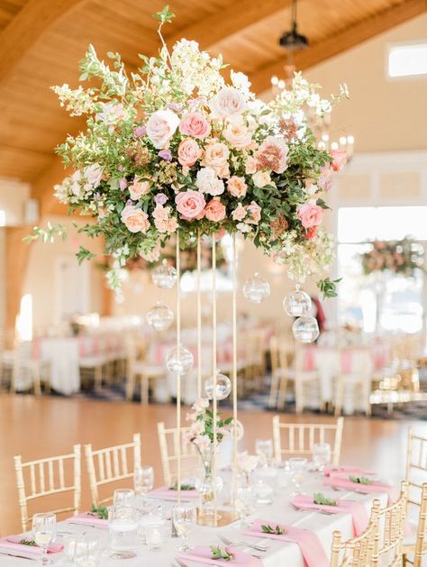 tall centerpiece with pink and white garden roses Rose Centerpieces Wedding, Wedding Table Pink, Pink Wedding Receptions, Lantern Centerpiece Wedding, Tall Wedding Centerpieces, Simple Wedding Centerpieces, Rose Centerpieces, Centerpieces Wedding, Wedding Floral Centerpieces