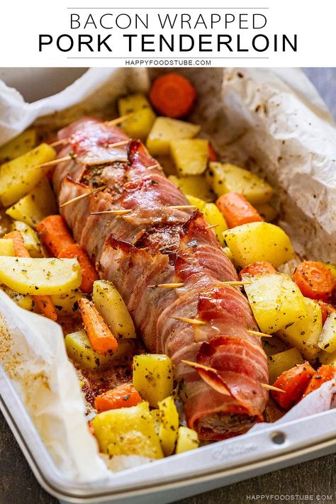 Easy recipe for bacon wrapped pork tenderloin. Simple preparation, a few ingredients and minimal clean-up! Pork Tenderloin Recipes In Oven Bacon Wrapped, Bacon Wrapped Pork Roast In Oven, Bacon Wrapped Pork Loin In Oven, Bacon Wrapped Pork Tenderloin Oven, Tenderloin Recipes Oven, Bacon Wrapped Pork Tenderloin Recipes, Oven Bacon, Gf Dinners, Bacon Wrapped Pork Loin