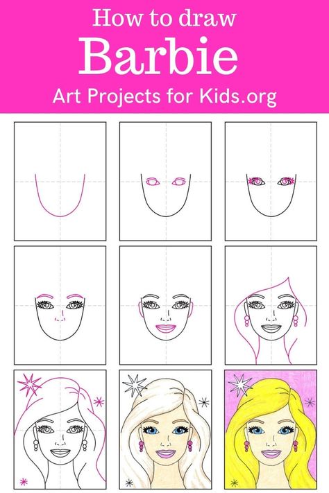 Learn how to draw Barbie with an easy step-by-step PDF tutorial. #howtodraw #tutorial #drawing #drawingtutorial #arttutorial #artprojectsforkids #howtodrawforkids #barbie #barbiedrawing Barbie Art Projects Ideas, Barbie Art Project, Barbie Painting Easy, Barbie Drawings Easy, How To Draw Barbie Easy, Barbie Drawing Easy Step By Step, How To Draw Barbie Step By Step, Barbie Painting Canvas Easy, Barbie Face Drawing