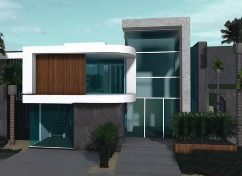 Bloxburg House Idea Mansion, Boo Burg Modern House, Modern House On Hill Bloxburg, Bloxburg Hotel Exterior, Tropical Modern Mansion Bloxburg, Big Modern Mansion Bloxburg, Modern Bloxburg House Ideas Exterior, Bloxburg Realistic House Exterior, Aesthetic Modern Mansion Bloxburg