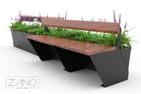 Modern public bench conected with flower pot Bench Design Outdoor, Modern Bench Design, Modular Bench, Wood Oil Finish, Modern Bench Outdoor, Urban Furniture Design, Furniture Design Sketches, Courtyard Design, Urban Furniture