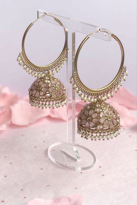 Earings Jhumka Indian, Fancy Earrings Pink, Jhumka Hoop Earrings, Indian Jewelry Earrings Jhumka, Pink And Blue Earrings, Gold Small Jhumka Earrings, Simple Jhumka Earrings, Indian Jhumka Aesthetic, Pink Earrings Indian