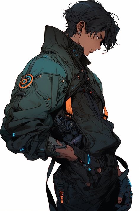 Fantasy Poses Male, Male Character Design Sci Fi, Cyberpunk Technician, Police Character Design Male, Mechanic Character Art, Space Pilot Character Design, Mech Pilot Character Art, Cyberpunk Character Concept Art, Cyberpunk Anime Oc