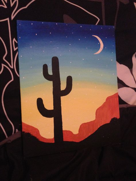 Desert sunset cactus painting Seni Pastel, Desen Realist, Trippy Painting, Cactus Painting, Small Canvas Paintings, Simple Canvas Paintings, Cute Canvas Paintings, Canvas Drawings, Easy Canvas Art