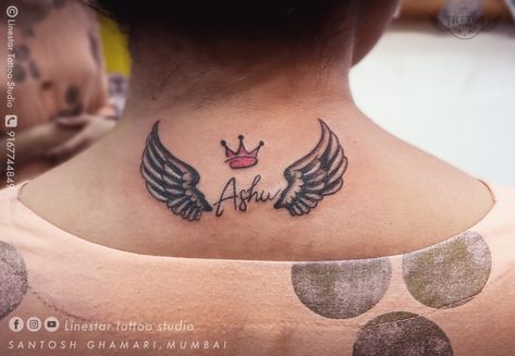 Ashu Name Wings CROWN Tattoo With Wings, Name Tattoo, Deathly Hallows Tattoo, Lotus Flower Tattoo, Tattoo Studio, Triangle Tattoo, Mumbai, Flower Tattoo, Crown