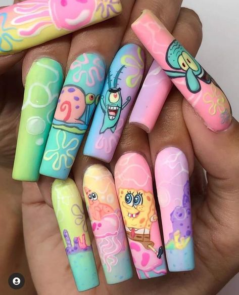 Cute Animations, Spongebob Nails, Cartoon Nail Designs, Character Nails, Cartoon Nail Art, May Nails, Nails Fun, Drip Nails, Dope Nail Designs