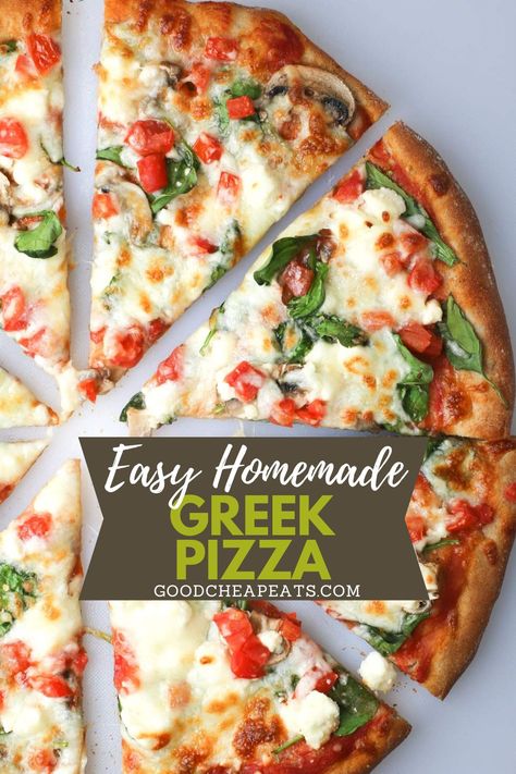 Greek Style Pizza, Greek Pizza Recipe Feta, Greek Pizza Dough Recipe, Greek Pizza Sauce, Feta Cheese Pizza, Greek Pizza Recipe, Greek Goodness, Pizza Veggie, Pizza Flatbread