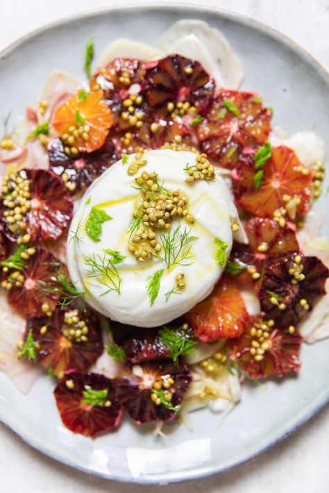 Ottolenghi’s Blood Orange & Fennel Salad with Burrata Fennel Burrata Salad, Blood Orange Fennel Salad, Orange Burrata Salad, Autumn Burrata Salad, Citrus Burrata Salad, Blood Orange Salad Recipes, Citrus Fennel Salad, Ottolenghi Salad, Fennel Orange Salad