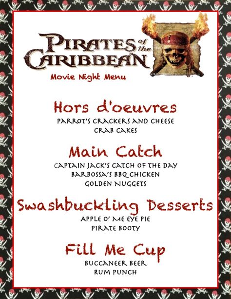 Hook Movie Night, Pirates Of The Caribbean Movie Night Food, Pirates Of The Caribbean Menu Ideas, Pirates Of The Caribbean Dinner Ideas, Pirates Of The Caribbean Dinner And A Movie, Pirate Movie Night, Horror Movie And Dinner Theme, Pirates Of The Caribbean Themed Food, Family Movie Night Meals