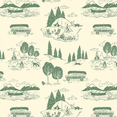 Camp Scenes: Cream - Gone Camping - Faye Guanipa - Dear Stella - 810071698552 Camping Illustration, Camping Fabric, Camping Quilt, Wildlife Landscape, Dear Stella Fabric, Retro Camping, Toile Pattern, Baby Fabric, Vintage Camping