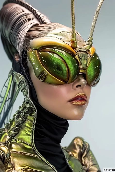 Mythical Creature Costume Ideas, Bug Clothes Aesthetic, Preying Mantis Costume, Bug Hairstyle, Praying Mantis Makeup, Insect Inspired Fashion, Cicada Costume, Steampunk Alien, Insect Armor