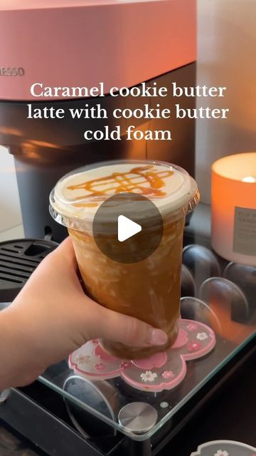 Brookelyn ☕️✨🌸 on Instagram: "Caramel cookie butter latte with cookie butter cold foam 🫶🏻

super yummy cookie butter latte with caramel 🤩

follow me @brookelynlikesespresso on here & TikTok coffee recipes and content posted daily! (Help me reach 10,000 TikTok followers!)

Recipe:

✨ @lotusbiscoffus cookie butter
✨ @kyyachocolate salted caramel sauce (code BROOKELYNKYYA10)
✨ 2 shots espresso @nespresso 
✨ milk + ice
✨ cold foam: 3 tbsp heavy whipping cream, 2 tbsp milk, 1 tbsp @kyyachocolate  cookie butter syrup

#cookiebutter #cookiebutterlatte #biscoff #icedlatte #coffee #coffeeathome" Cookie Butter Latte, Butter Syrup, Tiktok Followers, Butter Coffee, Cold Foam, Cat Cookies, Cookie Butter, Salted Caramel Sauce, Caramel Cookies