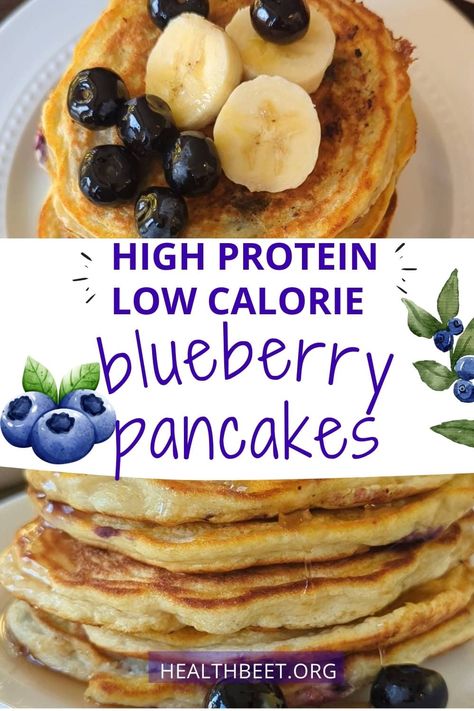 Made with egg whites, protein powder, and a banana, this low calorie, high protein blueberry pancakes hits the spot! A sweet way to start your day with 30 grams of protein and 250 calories. High Protein Low Calorie Breakfast Prep, 1st Phorm Protein Recipes, Healthy Banana Recipes Low Calories, Low Calorie High Protein Foods, High Protein Pancake Bowl, Protein Powder Pancakes Recipe, High Protein Meals Low Calorie, Low Calorie Recipes Breakfast, Low Cal Pancakes