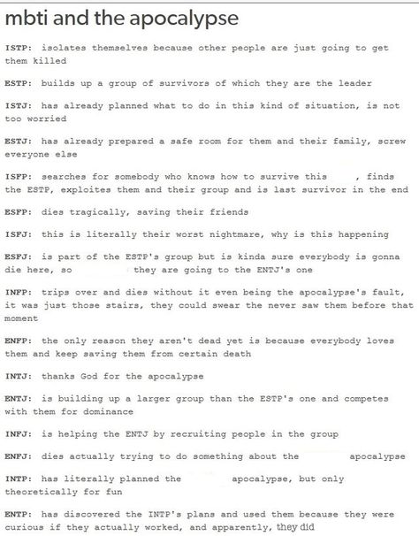 MBTI and the Apocalypse Estp Infj, Isfp Istp, Entj Entp, Briggs Personality Test, Meyers Briggs, Thanking God, Enfp Personality, Intj And Infj, Mbti Types