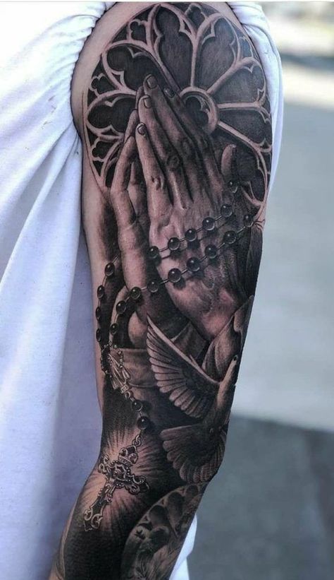 If you have been looking for unusual tattoo designs with praying hands for a long time, then our article is for you. We have collected 55+ of the most interesting and their meanings in human life. Jesus Tattoo Sleeve, Religious Tattoo Sleeves, Religous Tattoo, Angel Sleeve Tattoo, Voll Arm-tattoos, Tattoo Homme, Mangas Tattoo, Praying Hands Tattoo, Chicano Tattoos Sleeve