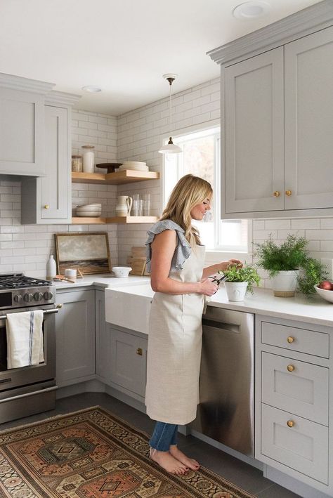 Handcrafted by Farmhouse. Designed by Studio McGee Mcgee Kitchen, Studio Mcgee Kitchen, Light Grey Kitchens, Light Gray Cabinets, Grey Kitchen Cabinets, Red Kitchen, Grey Cabinets, Grey Kitchens, Studio Mcgee