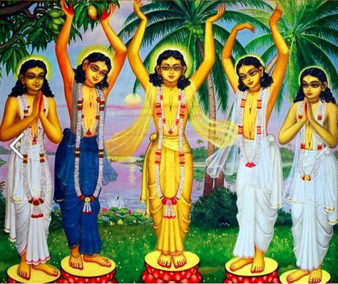 ♥ Sweet picture of Lord Caitanya and His close associates! Nitai Gaur, Lord Caitanya, Pancha Tattva, Paintings Krishna, Rama Lord, Yamuna River, Iskcon Vrindavan, Rama Sita, Sweet Picture