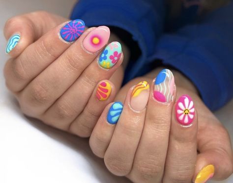 Funky Nails Summer, Summer Mismatched Nails, Summer Nails Funky, Nails With Different Designs On Each, Mix And Match Nails Design, Earth Day Nails, Chaotic Nails, Crazy Summer Nails, Funky Summer Nails