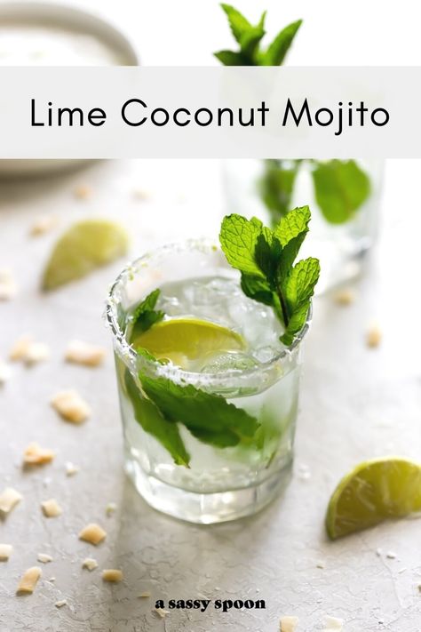 A refreshing coconut mojito made with coconut rum, white rum, coconut water, fresh lime juice, and a coconut lime salted rim. Ginger Rogers Cocktail, Hugo Cocktail, Ginger Ale Cocktail, Easy Gin Cocktails, Coconut Mojito, Lemon And Mint, Cocktail Summer, Citrus Cocktails, Gin Lemon