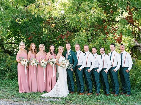 Blush Pink And Sage Green Wedding Party, Pink And Green Wedding Groomsmen, Green Suit Groom Bridal Party, Hunter Green And Light Pink Wedding, Green Groomsmen Pink Bridesmaid, Green And Pink Wedding Suit, Wedding Theme Green And Pink, Olive Green And Pink Wedding Theme, Emerald And Pink Wedding Colors