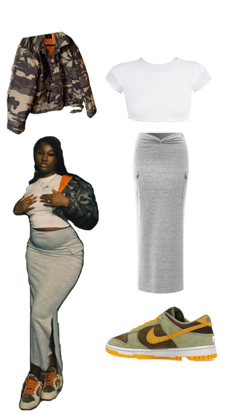 Grey sweatpants skirt, Nike dusty olive outfit Olive Outfit, Outfit Grey, Olive Clothing, Baddie Outfit, Grey Skirt, Grey Sweatpants, Skirt Outfit, Gray Skirt, Baddie Outfits