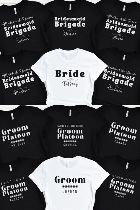 Elevate your special wedding day bonding with our bridal shirts and groom and groomsmen shirts. Designed with unity in mind, these shirts symbolize the unbreakable bond of the bride and her brigade, and the groom and his platoon standing alongside them. Bride And Groom Shirts Ideas, Groomsmen Tshirt Ideas Funny, Groom T Shirt Ideas, Bride And Groom Disney Shirts, Groom Squad Shirts, Groom And Groomsmen Shirts, Bachelor Party Shirts, Retirement Shirts, Bridal Shirts