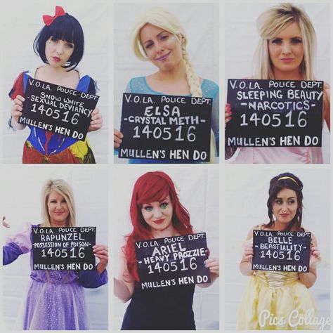 Disney gone bad mugshots hen doo snow white elsa sleeping beauty rapunzel Ariel belle Disney Princesses Gone Bad Costumes, Bad Disney Princess Costumes, Princess Gone Bad Halloween Costume, Disney Gone Bad Costumes, Bad Princess Costume, Princess Mugshots Costume, Disney Princess Mugshots, Disney Princesses Gone Bad, Maddie Costume