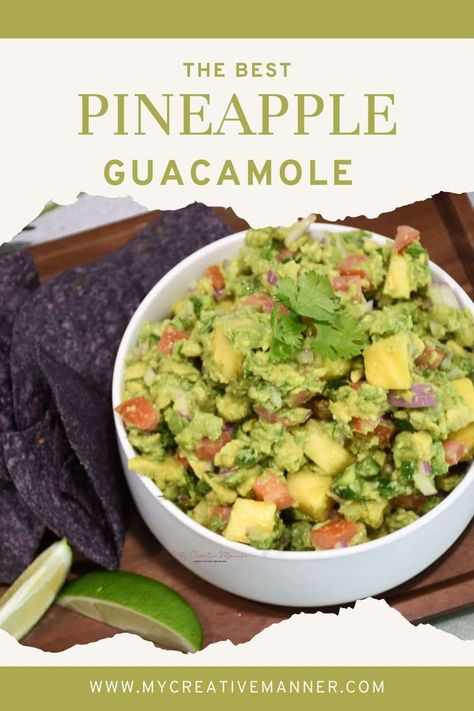 Pineapple guacamole is a mouthwatering tropical twist on traditional guacamole. Creamy avacado meets juicy pineapple for burst of flavor in every scoop. Give taco night a tropical twist with this recipe. Pineapple Guacamole Recipe, Traditional Guacamole, Pineapple Guacamole, Appetizer Recipes Cold, Spicy Guacamole, Grilled Chicken Tacos, Guacamole Recipe Easy, Bacon Dip, Easy Guacamole