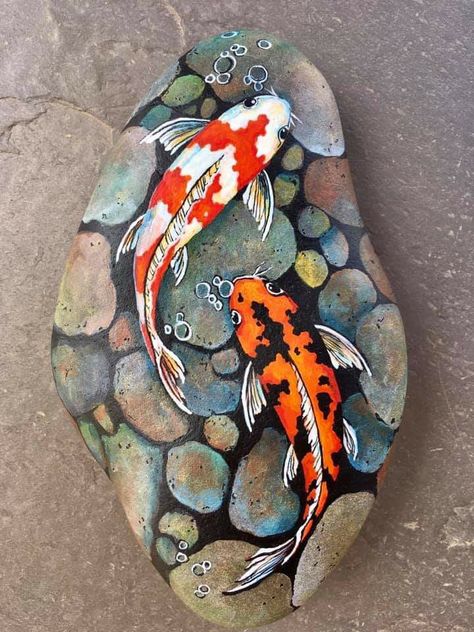 Ikan Air Tawar, Koi Painting, Garden Rock Art, Koi Art, Brick Art, Diy Rock Art, Art Pierre, Painted Rock Animals, Stone Art Painting