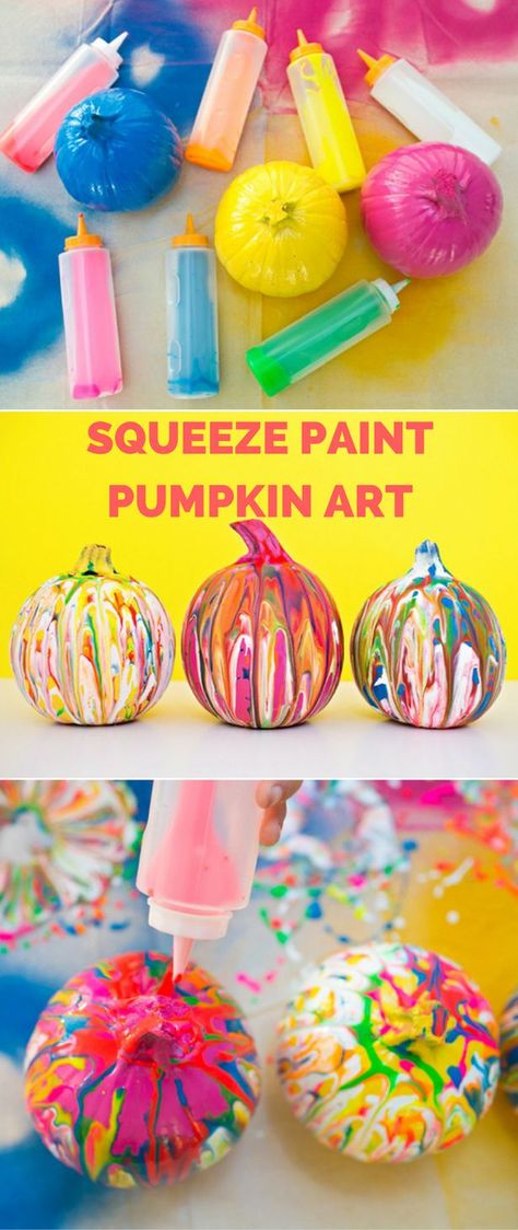 Squeeze Paint Pumpkin Art. Fun and easy no-carve pumpkin idea for kids. Mini Pumpkin Decorating Ideas, Paint Pumpkin, Decorate Pumpkins, Pumkin Decoration, Pumpkin Paint, Pumpkin Idea, No Carve Pumpkin Decorating, Easy Pumpkin Carving, Pumpkin Pumpkin