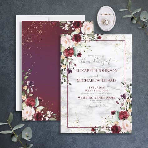 Rustic Burgundy Blush Pink Gold Floral Wedding Invitation #zazzle #weddinginvitations #birthdayinvitations #babyshowerinvitations #zazzleinvitations #monogram #businesscards #graduation #homedecor Green And Burgundy Wedding, Pink Wedding Stationery, Burgundy And Blush Wedding, Pink Floral Wedding, Wedding Blush, Afternoon Wedding, Burgundy Wedding Invitations, Blush Wedding Invitations, Wedding Anniversary Invitations