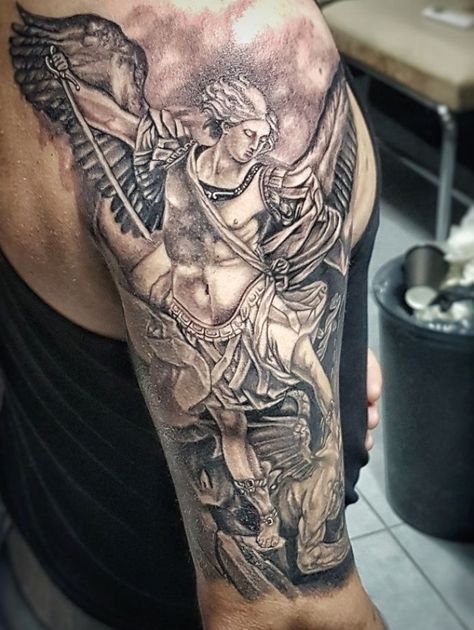 Archangel Michael tattoo | St michael tattoo, Archangel ... #tattoosformen #mentattoos Archangel Michael Tattoo, St Michael Tattoo, Michael Tattoo, Archangel Tattoo, Black And Grey Tattoo, Tattoo Chest, Forarm Tattoos, C Tattoo, Michael The Archangel