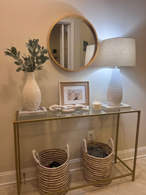 Everything is #homegoods expect for table, mirror and accessory. Those are #amazon Gold Console Table Decor, Console Table Decor Ideas, Console Table Decor, Black Living Room Decor, College Apartment Living Room, Console Table Styling, Console Table Decorating, Doors Interior Modern, Entryway Table Decor