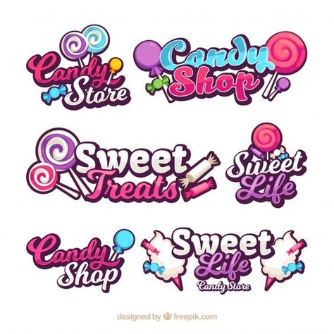 Candy shop logos collection for companies Free Vector Cute Logo Ideas, Candy Shop Logo, Candy Font, Candy Store Design, Candy Vector, Candy Graphic, Candy Icon, Sweet Logo, Candy Logo