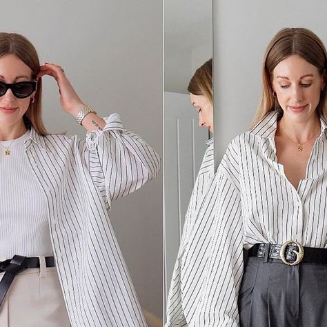 Charlotte | Everyday Style Made Simple 🤍 on Instagram: "ad DAY 👉🏼 NIGHT: Styling an oversized stripe shirt 👔 Which is your favourite? Classic striped oversize button down shirt - @ancosti_official #ancosti I’m obsessed with the voluminous sleeves + slouchy, oversized fit of this shirt. It’s super comfortable and breathable as it’s 93% cotton + 4% linen (perfect for spring, summer and holidays abroad) I like to style my shirts in spring either unbuttoned over a tank for an everyday outfit, t Super Oversized Shirt Outfit, Oversized Striped Button Up Shirt Outfit, Unbuttoned Shirt Women Outfit, Oversized Striped Shirt Outfit, Oversize Button Down Shirt, White Striped Shirt Outfit, Western Formal, Holidays Abroad, Outfits With Striped Shirts